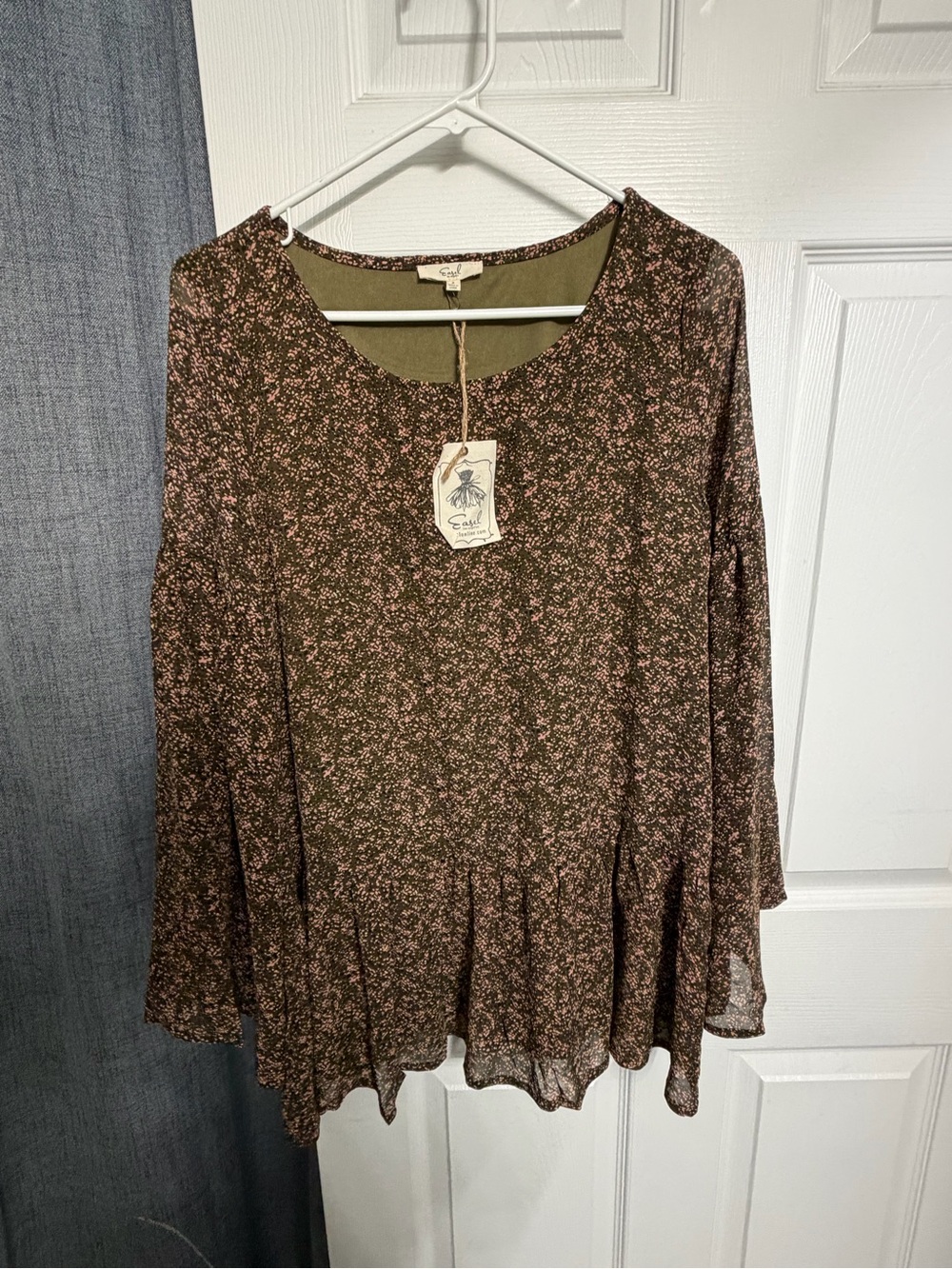 Easel Olive green Floral Peplum Long bell Sleeve Top